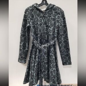 NWOT Effie's Heart Gray Belted and Hooded Coat w/Black Damask Pattern.   Size S